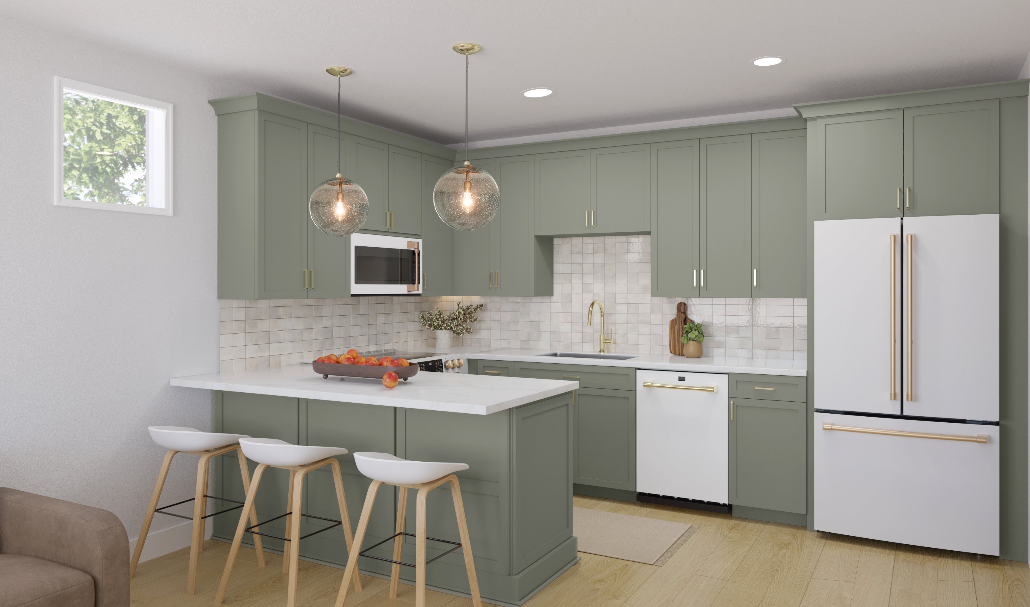 Artisan package kitchen with Evergreen Fog cabinets, Calacatta Gold countertops, and champagne bronze finishes