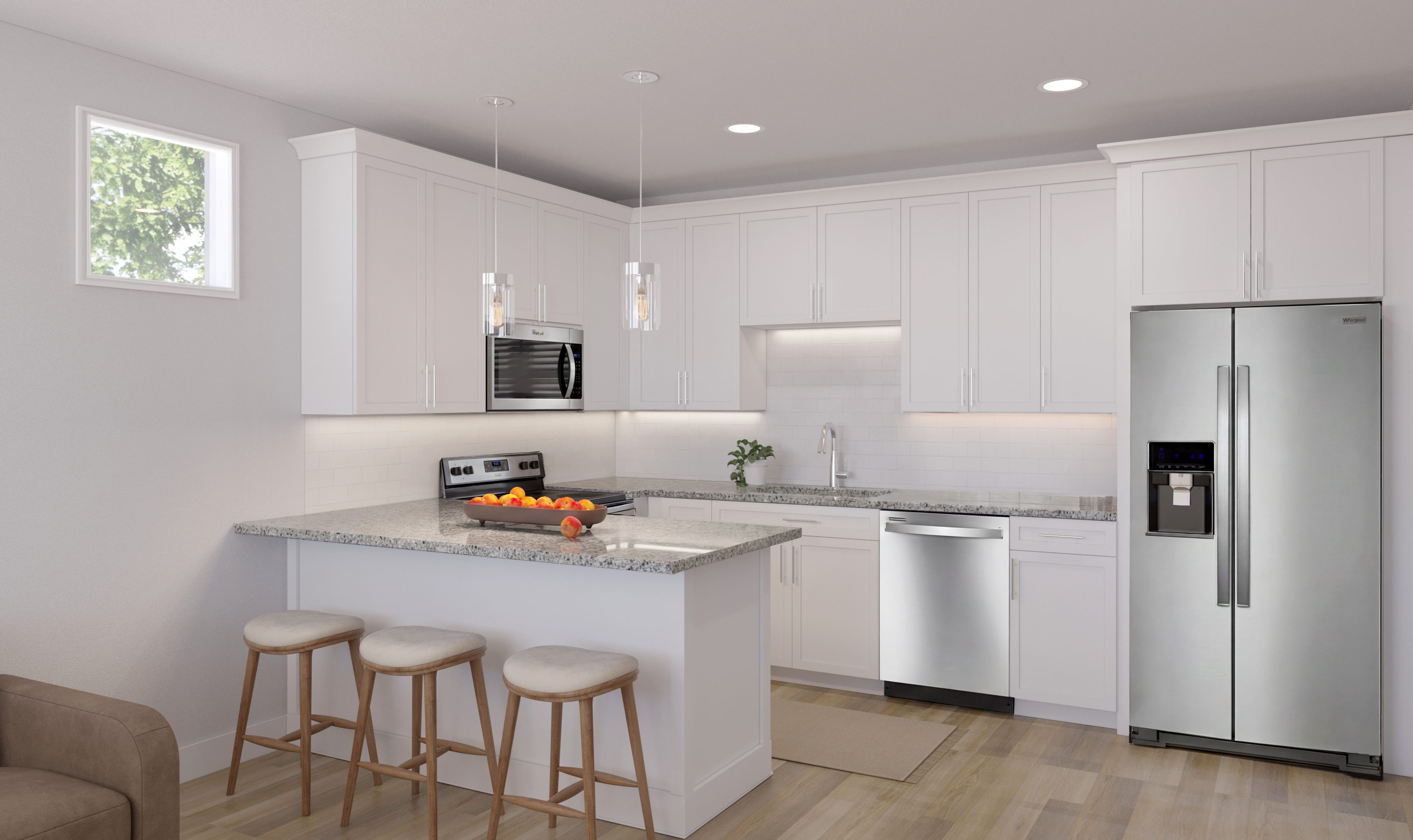 Essence package kitchen with white cabinets, Dallas White countertops, and chrome finishes