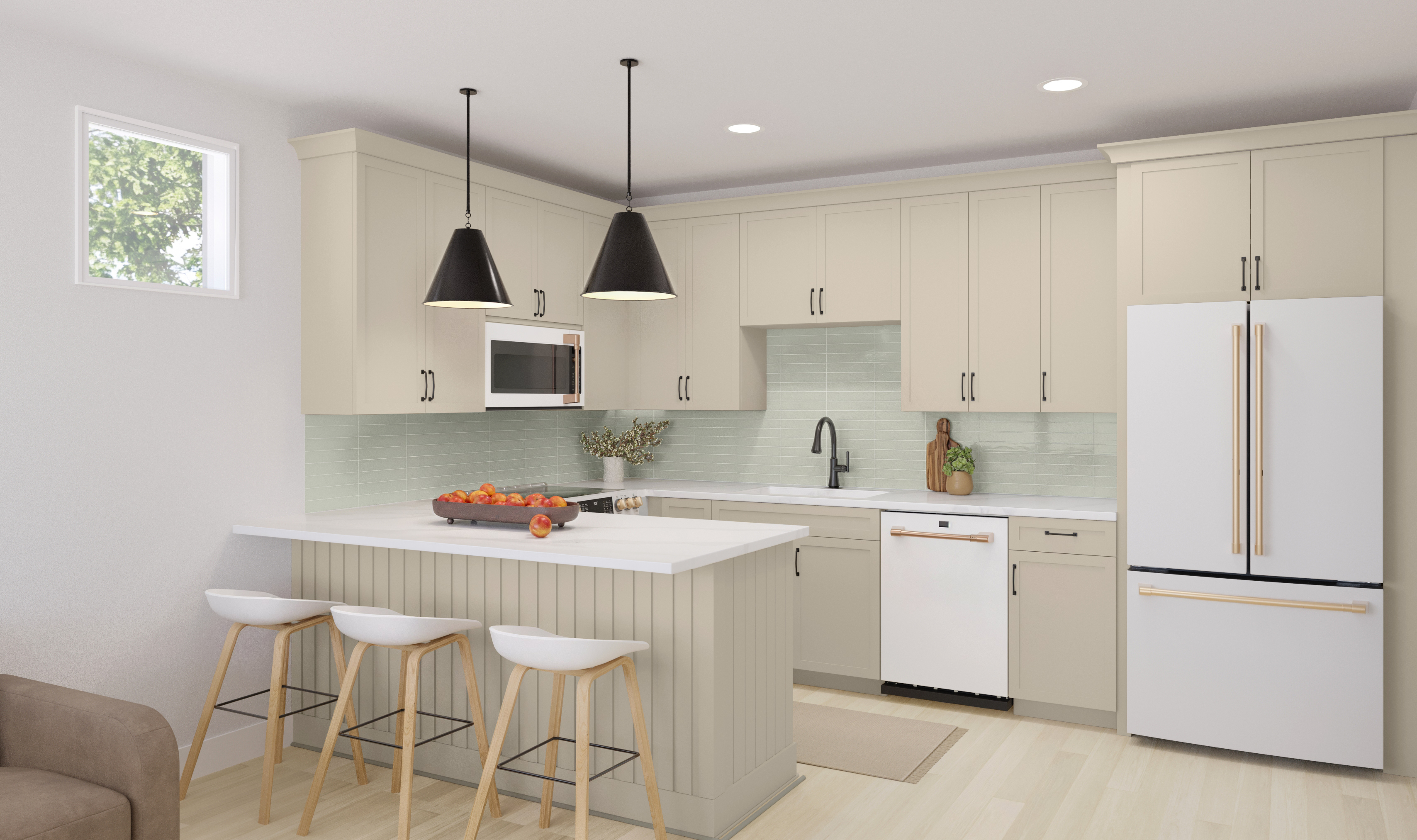Luxe package kitchen with Accessible Beige cabinets, Andromeda countertops, and black finishes