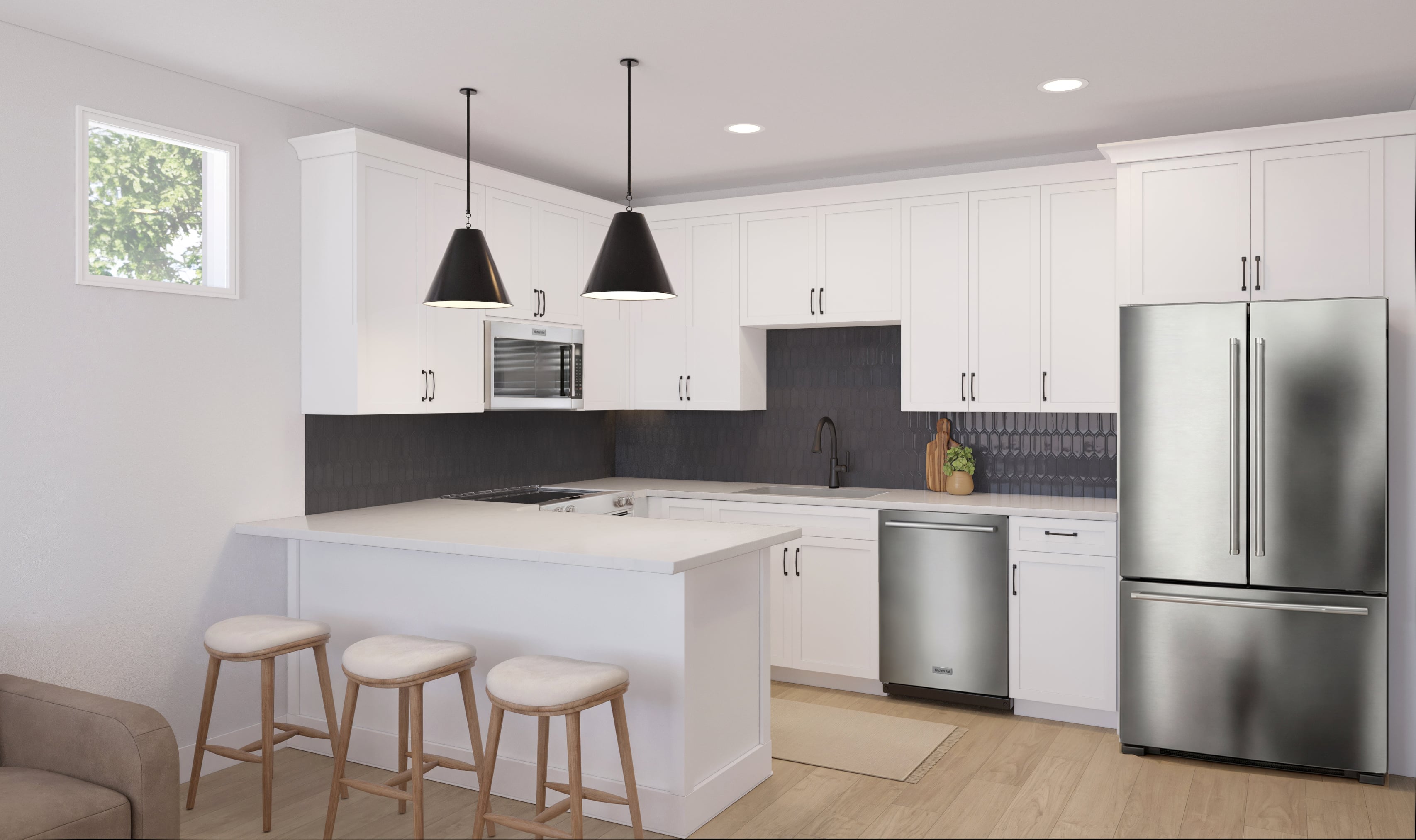Modern package kitchen with white cabinets, Minet countertops, black picket backsplash, and black finishes