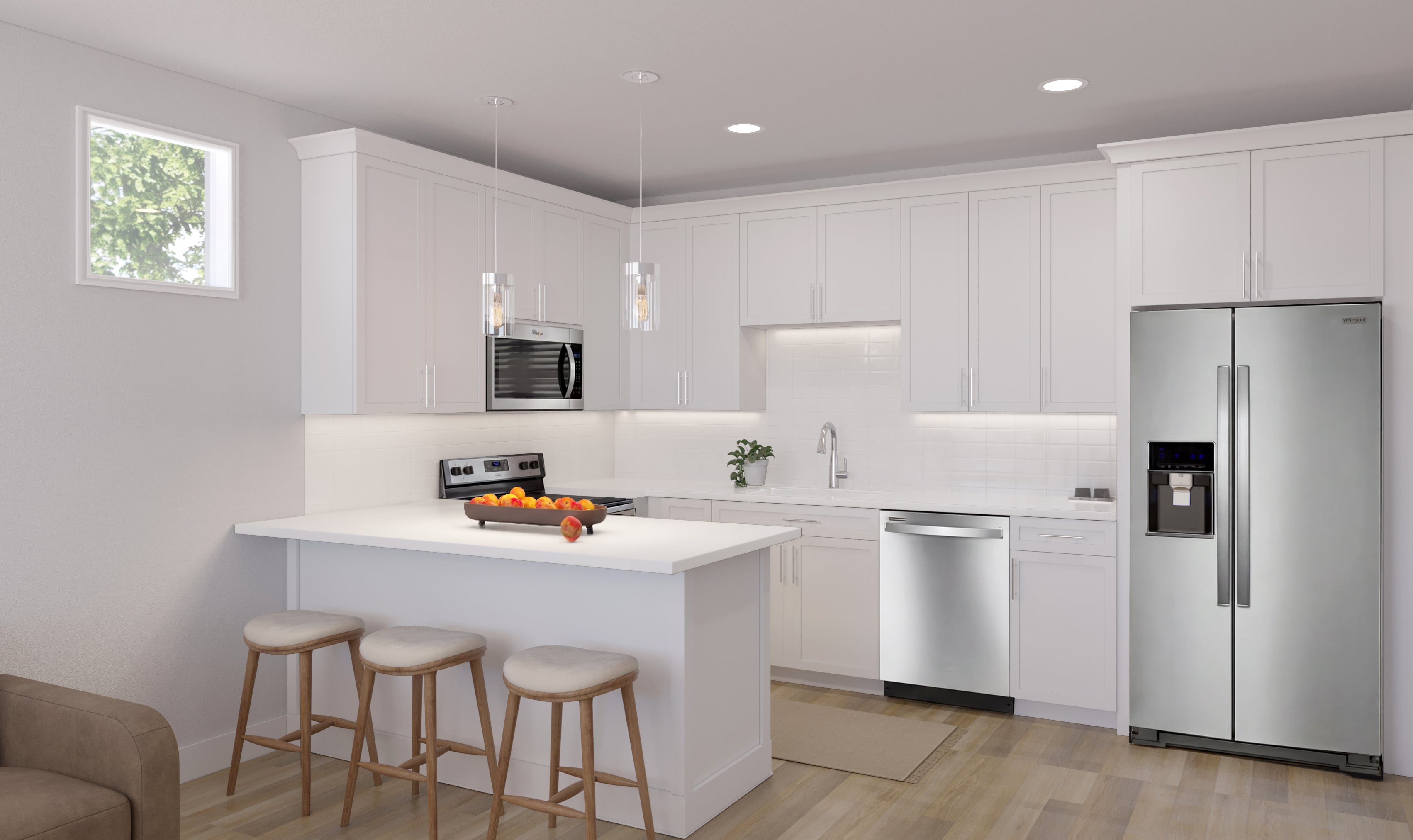 Signature package kitchen with white cabinets, Absolute White countertops, and chrome finishes