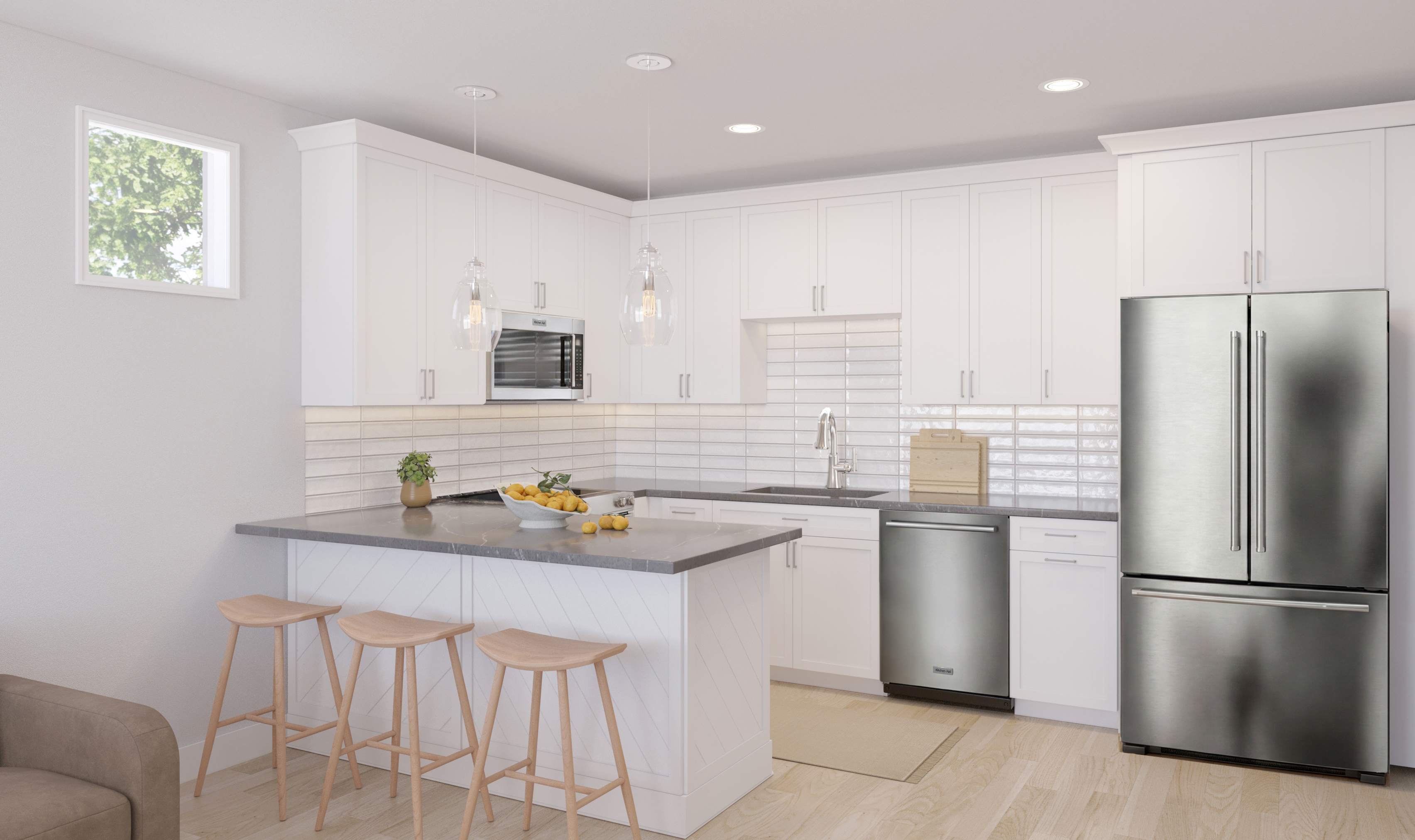 Urbane package kitchen with white cabinets, Calacatta Grigio countertops, and slatted wood range hood